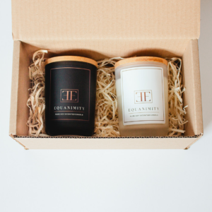 two soy wax candles ylang ylang scented presented in a gift box