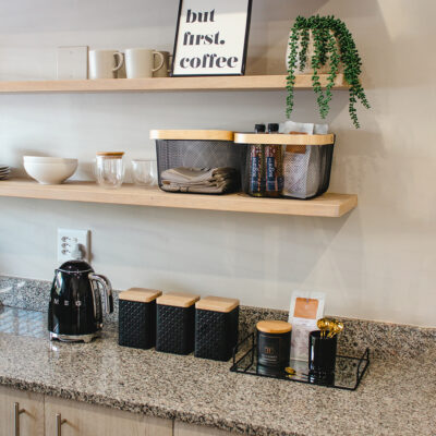 wire mesh baskets in a coffee station