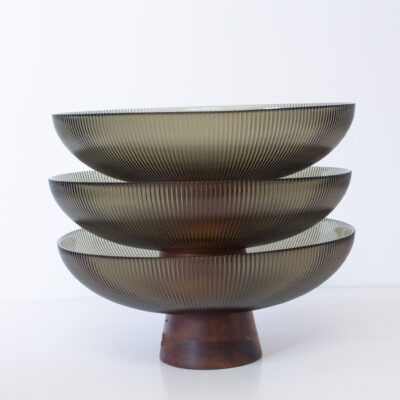 Ribbed Olive Glass Bowl with Wooden Base