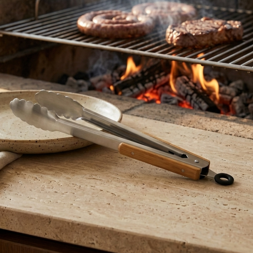 Stainless Steel & Bamboo Braai Tongs 40cm